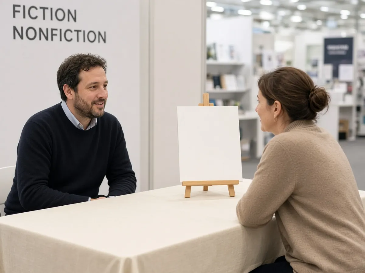 Author speaking with visitors at a book display
