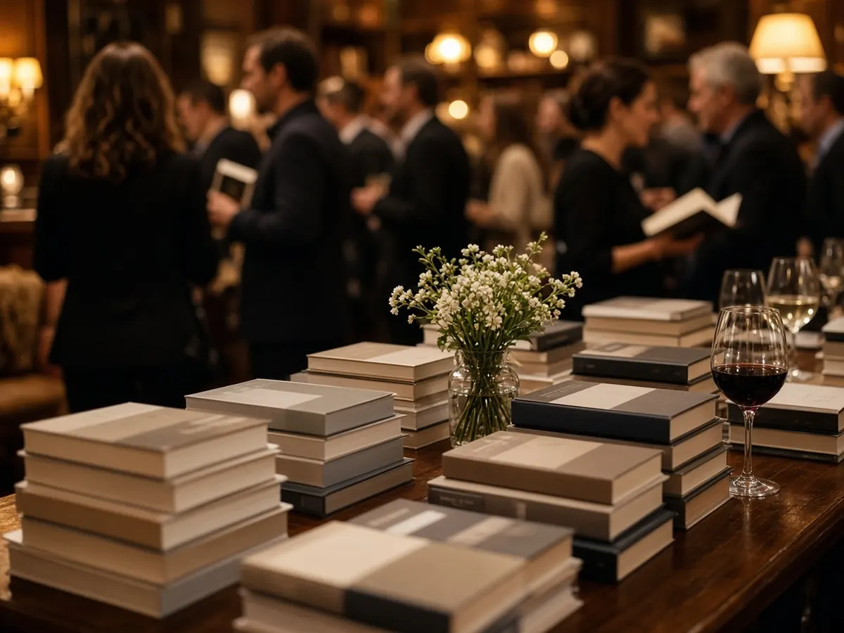 Book launch evening with stacks of books on a signing table