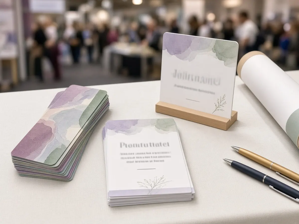 Bookmarks, cards and table sign promotional materials for a book fair booth
