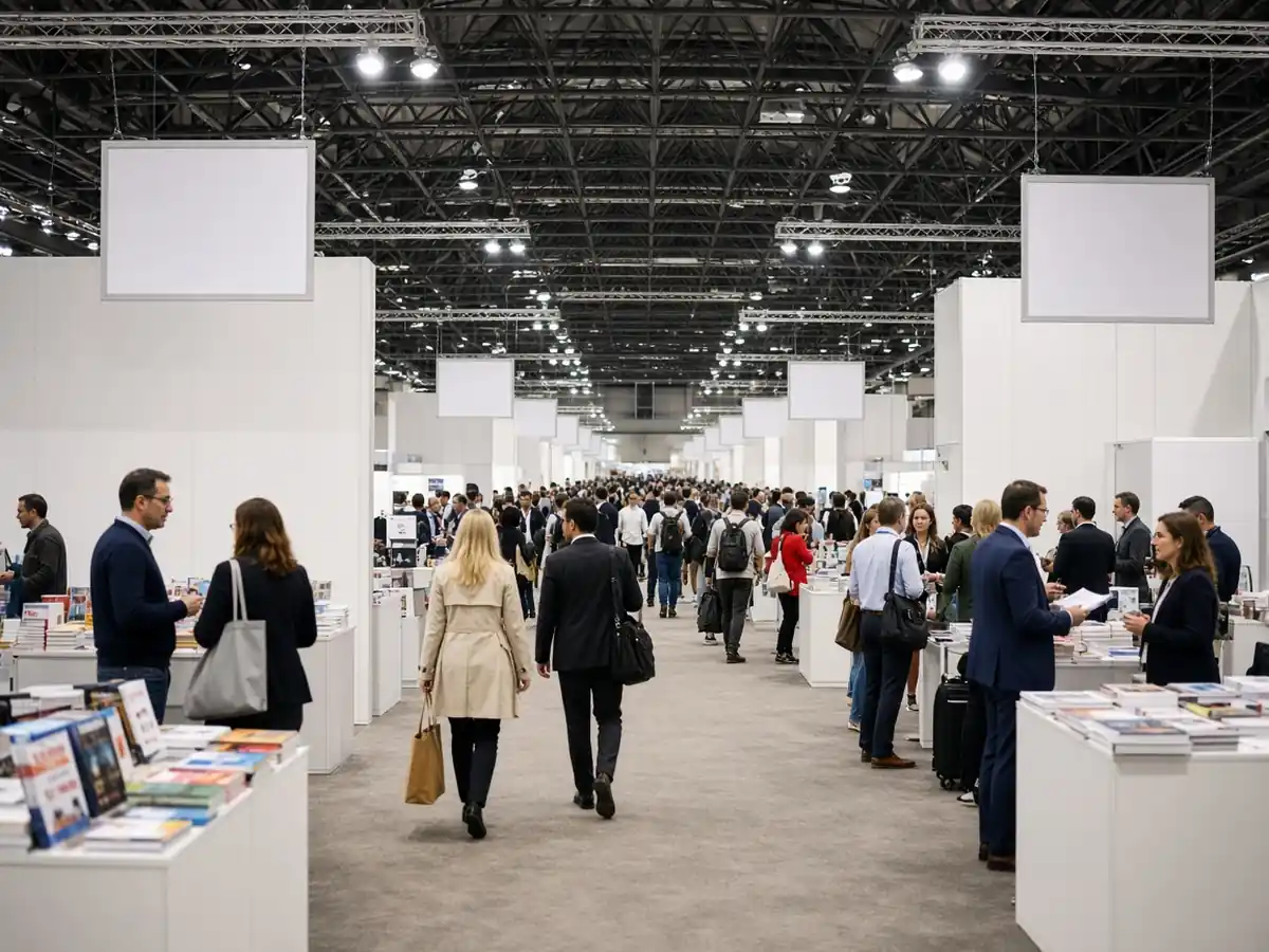 Busy international book fair exhibition hall with publisher booths and visitors