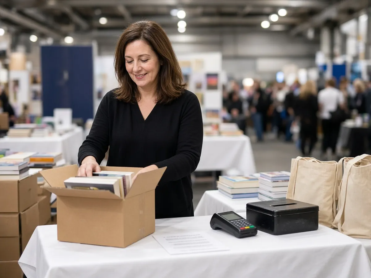 Self-published author managing stock and payment at their own book fair table