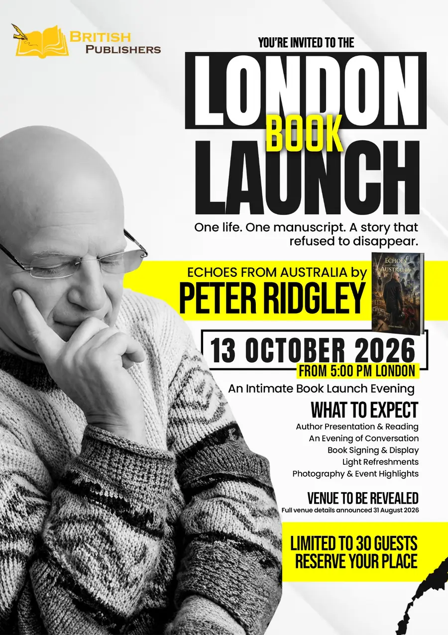 Invitation for the London book launch of Echoes from Australia by Peter Ridgley, 13 October 2026